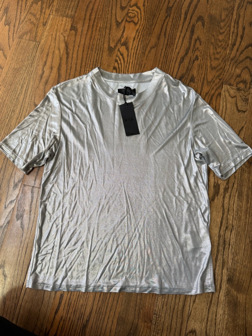 RTA Metallic Silver Tee NWT Short Sleeve Crewneck Shimmer Top Size Medium